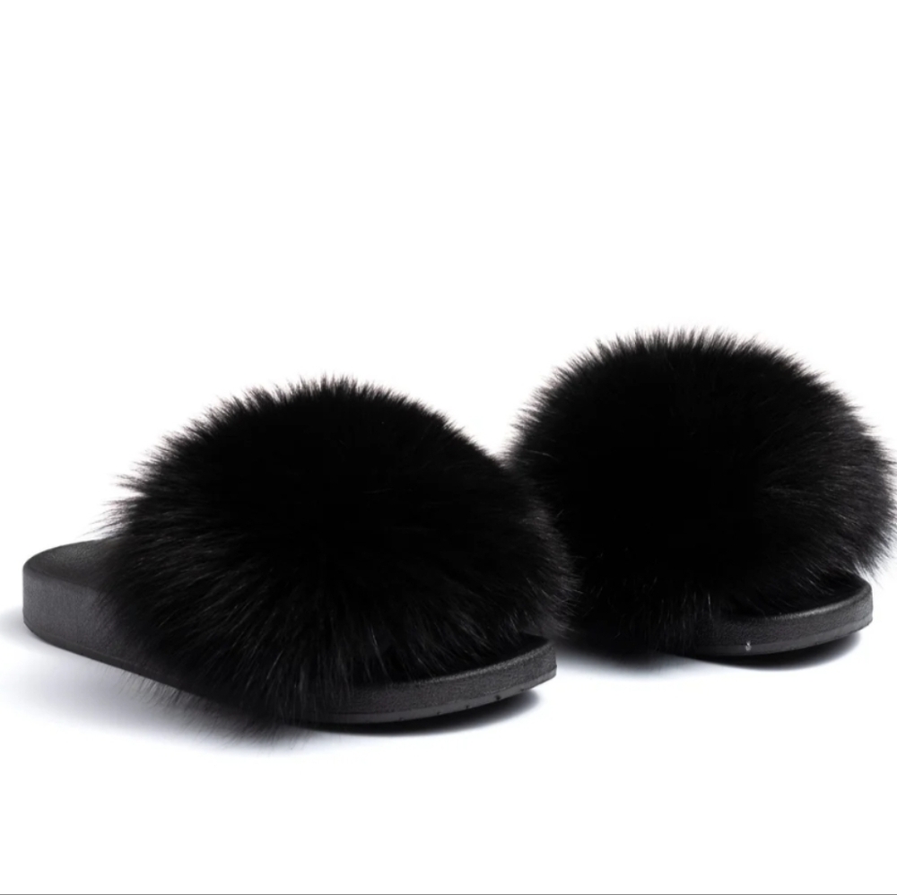 Euc Confetti 🖤 Thick Luxurious Genuine Fox Fur Slide Sandals 9 - Picture 3 of 5